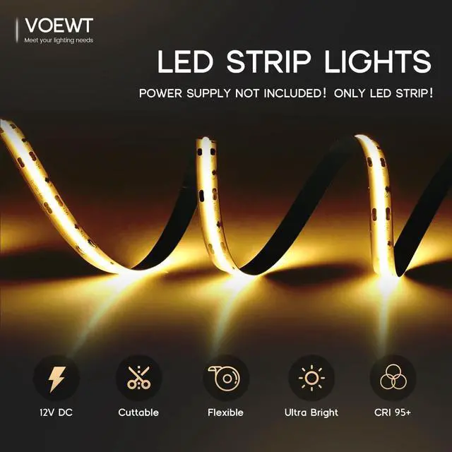 Alt view image 2 of 7 - COB LED Strip Lights Daylight White 6000K 16.4ft 12V High CRI 95Ra+ Super Bright Flexible Tape Lights for Bedroom Mirror Kitchen Cabinet Living Room(Power Supply Not Included)
