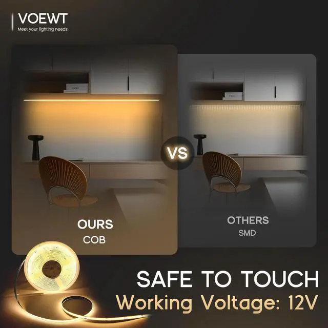 Alt view image 3 of 7 - COB LED Strip Lights Daylight White 6000K 16.4ft 12V High CRI 95Ra+ Super Bright Flexible Tape Lights for Bedroom Mirror Kitchen Cabinet Living Room(Power Supply Not Included)