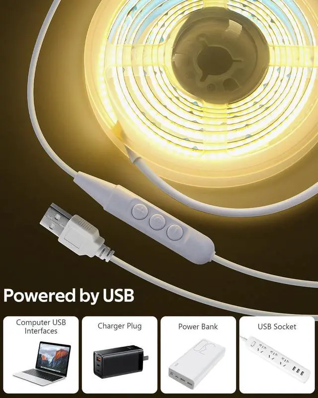 Alt view image 2 of 7 - 5V USB COB LED Strip Light 4.92FT 480LEDs Flexible TV Backlights Warm White 3000K Dimmable LED Light Strip with Self-Adhesive for Bedroom Closet Under Cabinet Monitor Desk Home Decor 8mm Width