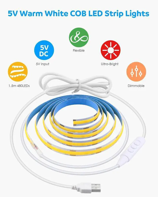 Alt view image 3 of 7 - 5V USB COB LED Strip Light 4.92FT 480LEDs Flexible TV Backlights Warm White 3000K Dimmable LED Light Strip with Self-Adhesive for Bedroom Closet Under Cabinet Monitor Desk Home Decor 8mm Width