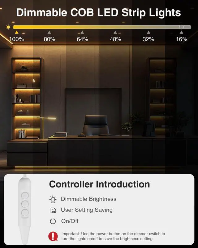 Alt view image 4 of 7 - 5V USB COB LED Strip Light 4.92FT 480LEDs Flexible TV Backlights Warm White 3000K Dimmable LED Light Strip with Self-Adhesive for Bedroom Closet Under Cabinet Monitor Desk Home Decor 8mm Width