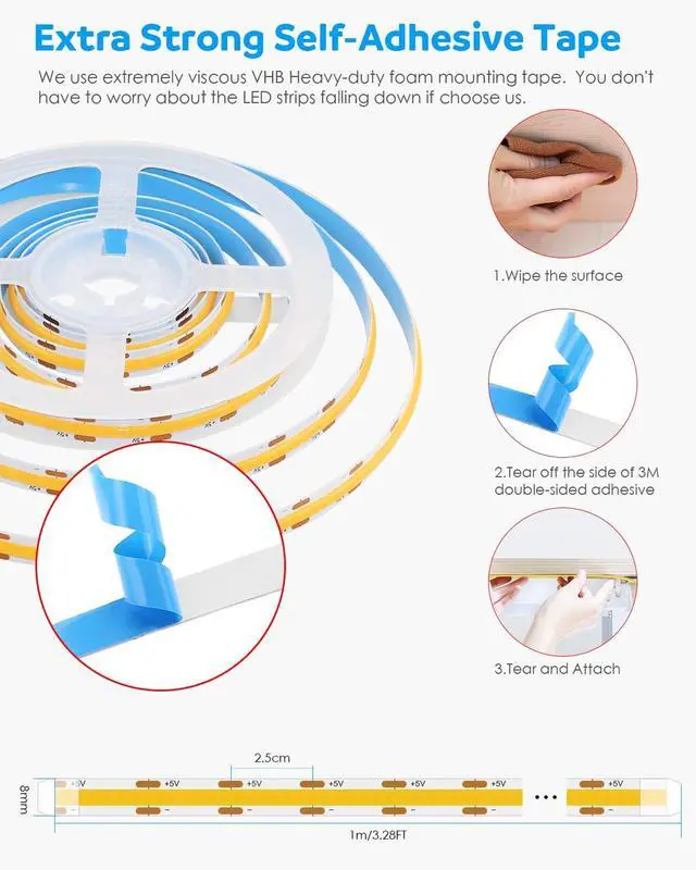 Alt view image 6 of 7 - 5V USB COB LED Strip Light 4.92FT 480LEDs Flexible TV Backlights Warm White 3000K Dimmable LED Light Strip with Self-Adhesive for Bedroom Closet Under Cabinet Monitor Desk Home Decor 8mm Width