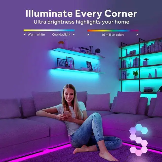 Alt view image 6 of 7 - Battery Powered LED Strip Lights 20 inch x 4 Pack Wireless LED Strip Lights for Bedroom Color Changing APP Remote Led Lights for TV Kitchen Under Cabinet Lighting Shelves Under Counter Closet