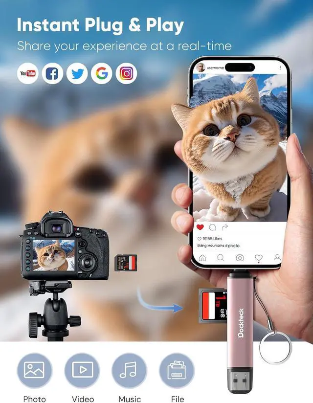 Alt view image 3 of 7 - Dockteck SD Card Reader 5G Super Speed USB3.0 SD/TF Card Reader 3-Slot USB A/C to SD/Micro SD/USB A Memory Card Reader for UHS-I SD/Micro SD/SDHC/SDXC/MMC Support OTG for Plug&Play Pink