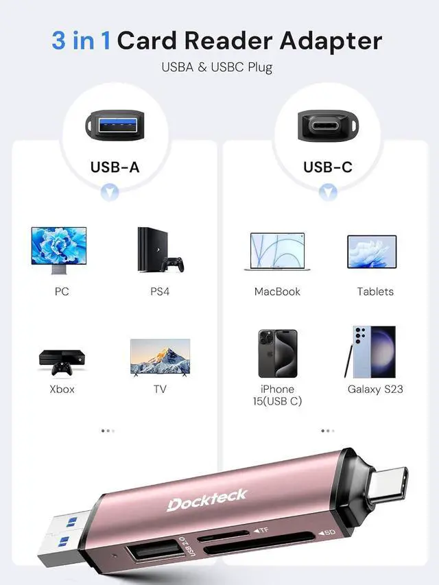 Alt view image 5 of 7 - Dockteck SD Card Reader 5G Super Speed USB3.0 SD/TF Card Reader 3-Slot USB A/C to SD/Micro SD/USB A Memory Card Reader for UHS-I SD/Micro SD/SDHC/SDXC/MMC Support OTG for Plug&Play Pink
