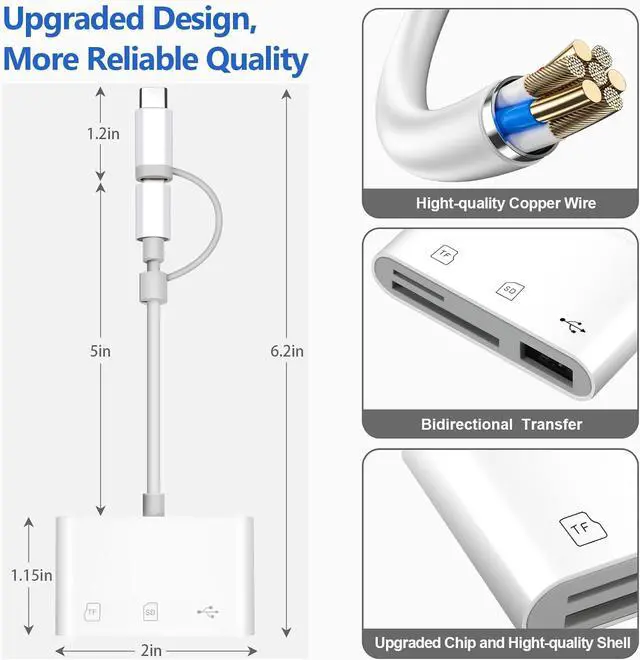 Alt view image 7 of 7 - SD Card Reader for iPhone/Android Memory Card Reader Supports SD/MicroSD Card and USB Devices Built-in iOS & USB-C Dual Connectors Card Adapter No App Required Plug and Play