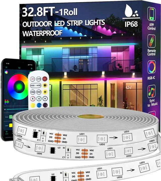 Main image of 32.8FT Outdoor LED Strip Light Waterproof IP68 Outside RGB+IC Light Strip with App/Remote Control Chase Mode Music Sync Rope Light for Balcony Deck Rooftop Garden Pool
