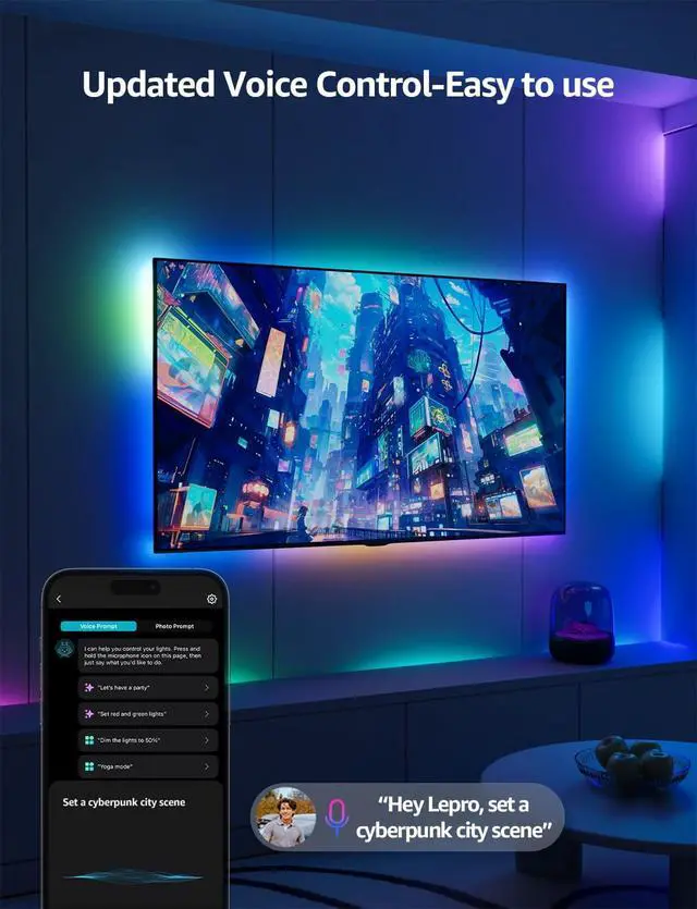 Alt view image 3 of 7 - S1 AI LED Strip Lights for Bedroom - 32.8ft Smart RGB Light Strips with IC and Rainbow Chasing Effects Color Segment DIY Personalized Al Lighting Designer No Remote 2.4G Wi-Fi & Bluetooth