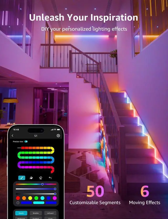 Alt view image 5 of 7 - S1 AI LED Strip Lights for Bedroom - 32.8ft Smart RGB Light Strips with IC and Rainbow Chasing Effects Color Segment DIY Personalized Al Lighting Designer No Remote 2.4G Wi-Fi & Bluetooth