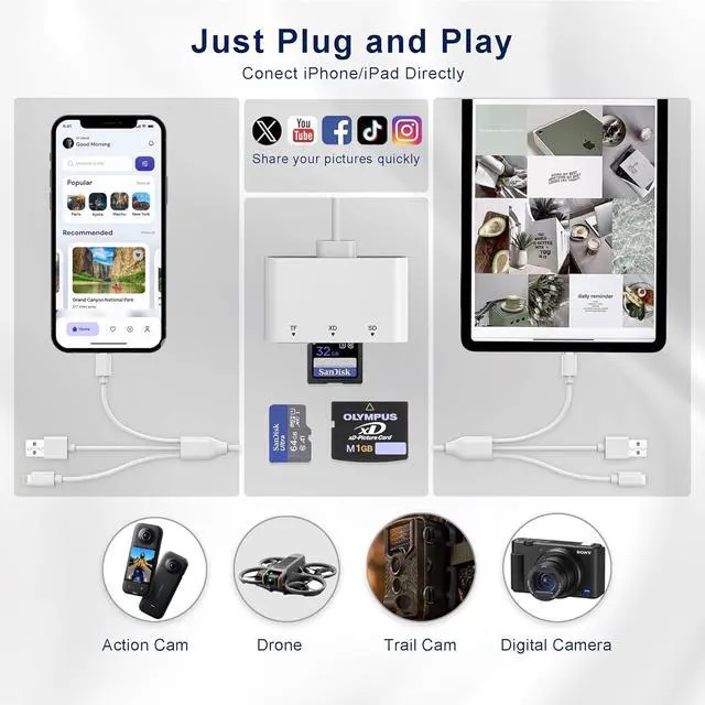 Alt view image 7 of 7 - 3-in-1 SD Card Reader for iPhone with Lightning/USB-C/USB-A - XD SD MicroSD Memory Card Adapter up to 2TB Compatible with iPhone 16/15/14 iPad Android MacBook PC Camera & Drone