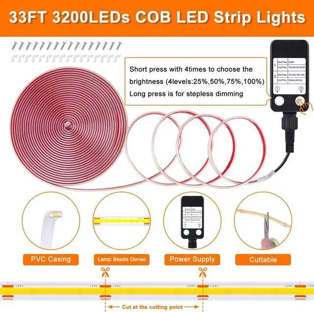Alt view image 5 of 7 - 33FT 3200 LED COB LED Strip Lights Outdoor Waterproof 2700K Warm White Plug in Strip Light PVC Casing Tape Light Flexible with Self-Adhesive Timer Dimmable for House Garden Camping DIY
