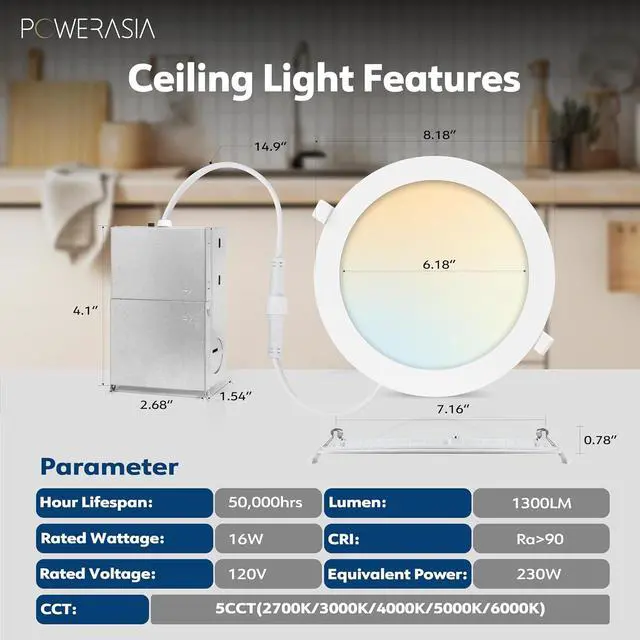 Alt view image 2 of 7 - 2 Pack Recessed Lighting 7 Inch with Junction Box 5CCT 7 Inch LED Recessed Lights Dimmable 2700K/3000K/4000K/5000K/6000K 16W 1300lm Ultra Thin Recessed Lighting - ETL and Energy Star Certified