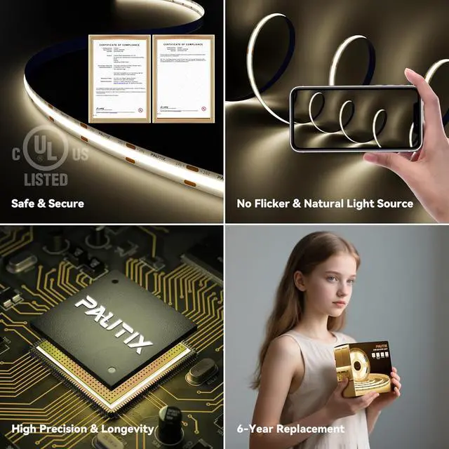 Alt view image 5 of 7 - COB LED Strip Light 32.8ft Engineering Level UL Listed Natural White 4000K CRI93+ Super Bright High Lumen Dimmable 24V Flexible LED Tape Light with RF Remote for Home&Office Decor DIY Lighting