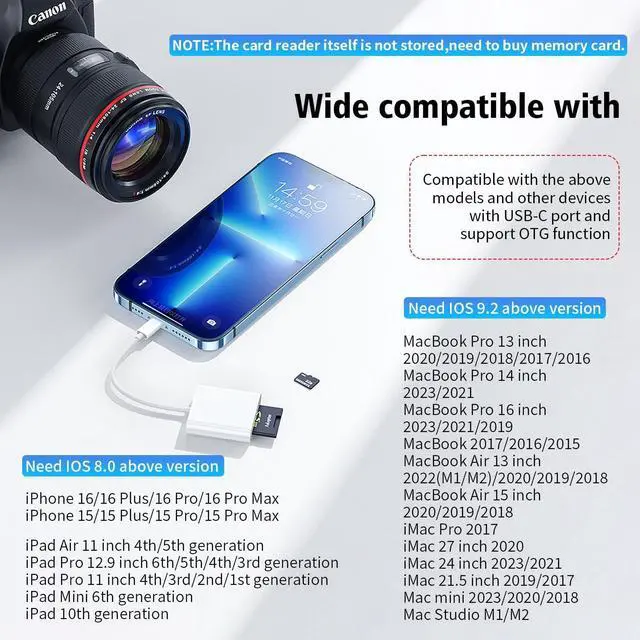 Alt view image 6 of 6 - USB C SD Card Reader for iPhone 15 16/iPad/MacBook/Mac Dual Slot USB Type C to SD Reader Supports SD and MicroSD Memory Card Adapter Trail Camera Viewer Plug and Play for More USBC Typec Devices