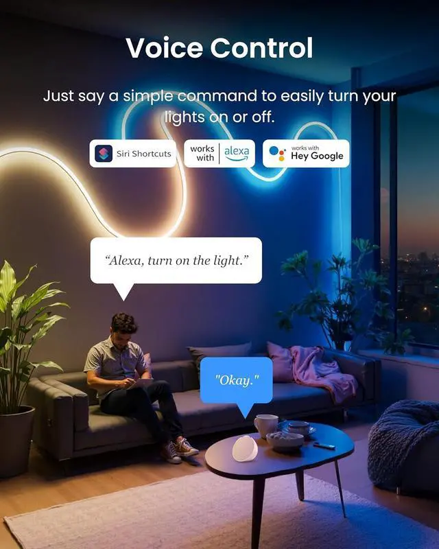 Alt view image 2 of 7 - RGBIC Neon Rope Lights Matter-Certified Wire Rope Light DIY Flexible Steel-Core Neon Lights for Wall & Bedroom Works with  Home/Siri Alexa & Google Music Sync 16M Colors 6.56ft