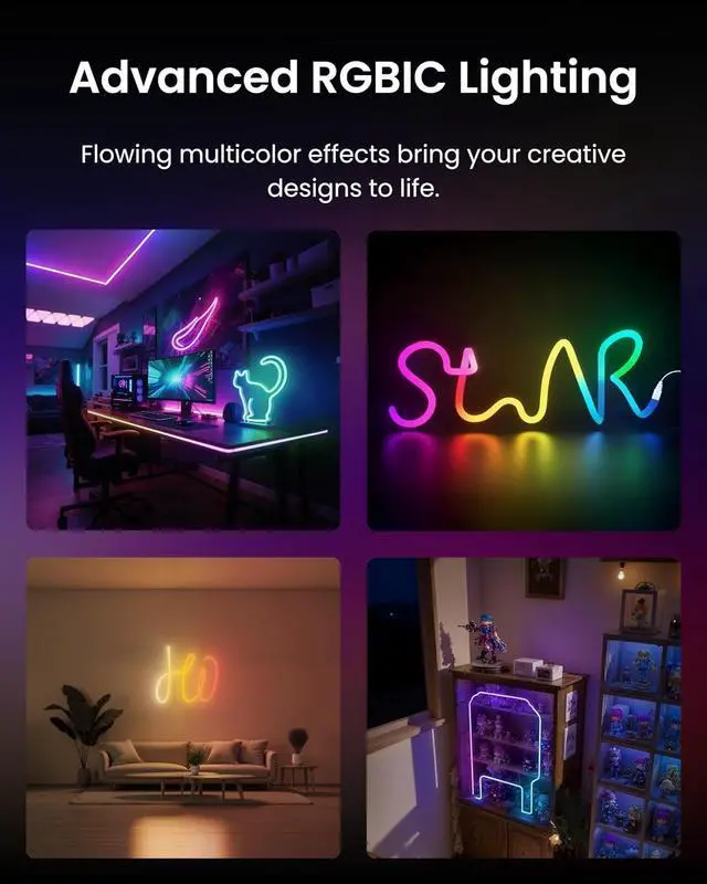 Alt view image 4 of 7 - RGBIC Neon Rope Lights Matter-Certified Wire Rope Light DIY Flexible Steel-Core Neon Lights for Wall & Bedroom Works with  Home/Siri Alexa & Google Music Sync 16M Colors 6.56ft