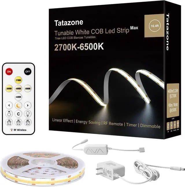 Main image of 16.4ft Tunable White COB Led Strip Light with RF Remote CRI93+ Dimmable CCT 2700K-6500K Led Tape Lights Adhesive High Density Led COB Light Strip for Bedroom Kitchen Cabinet