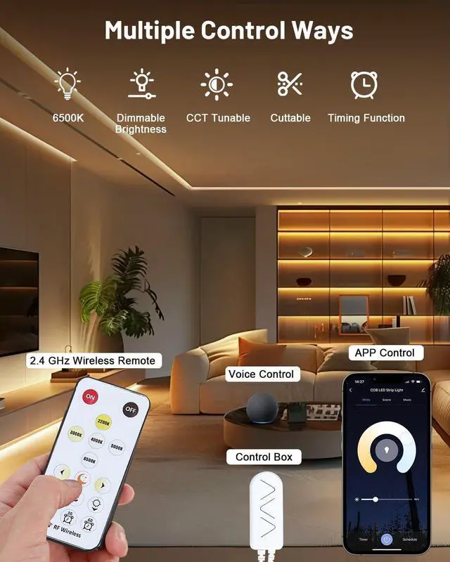 Alt view image 3 of 7 - COB LED Strip Lights 16.4ft Dimmable White CCT Tunable 2300K-6500K DC 24V High Lumen Cuttable LED Tape Light 3040 LED 36W CRI 90 APP Remote Control Music Mode For Home DIY Living Room Bedroom