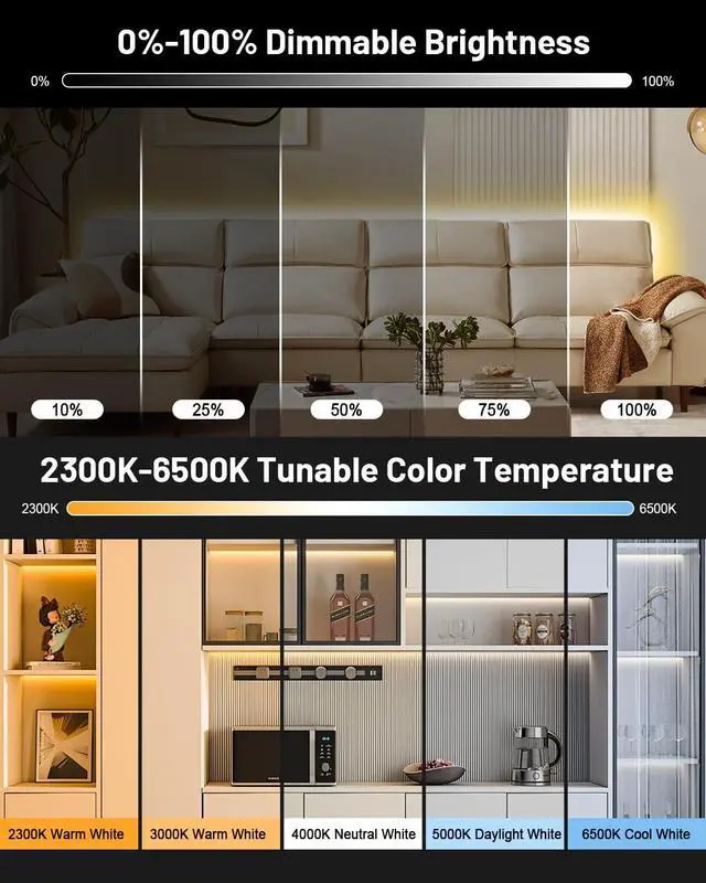 Alt view image 4 of 7 - COB LED Strip Lights 16.4ft Dimmable White CCT Tunable 2300K-6500K DC 24V High Lumen Cuttable LED Tape Light 3040 LED 36W CRI 90 APP Remote Control Music Mode For Home DIY Living Room Bedroom