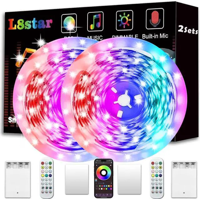 Main image of Battery Powered Led Strip Lights 2x13Ft (26Ft) Two Sets of Strip Light with 4 AA Battery Box/USB RGB LED Lights Remote and APP Control