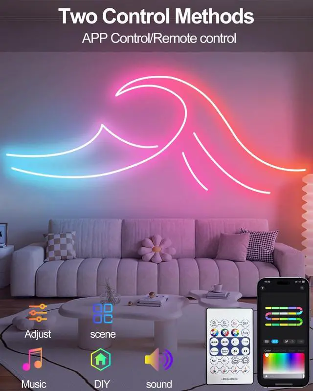 Alt view image 2 of 7 - Smart Neon Rope Lights USB 16.4Ft LED Rope Lights IC & RGB Color Changing with APP Control Music Sync Neon Strip Lights Outdoor Waterproof DIY for Gaming Room Living Indoor Decor