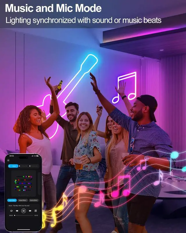 Alt view image 3 of 7 - Smart Neon Rope Lights USB 16.4Ft LED Rope Lights IC & RGB Color Changing with APP Control Music Sync Neon Strip Lights Outdoor Waterproof DIY for Gaming Room Living Indoor Decor