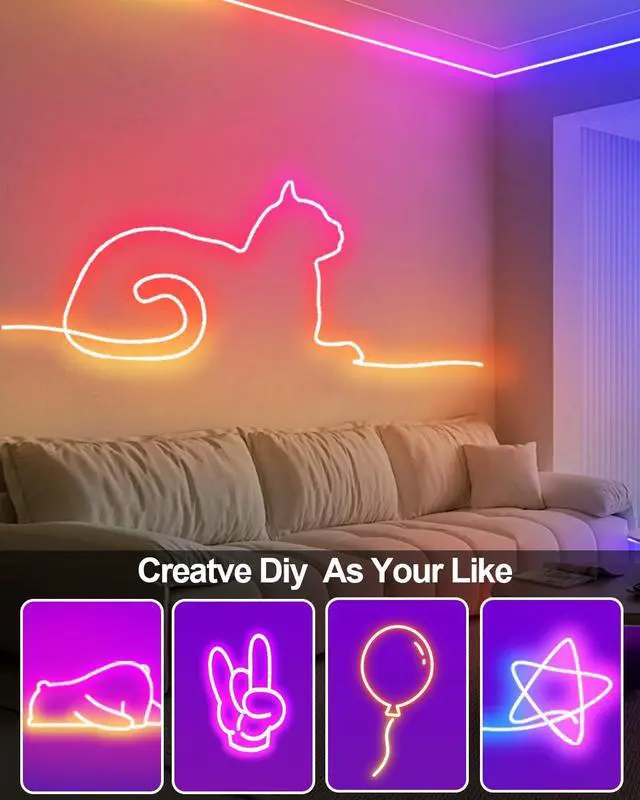 Alt view image 4 of 7 - Smart Neon Rope Lights USB 16.4Ft LED Rope Lights IC & RGB Color Changing with APP Control Music Sync Neon Strip Lights Outdoor Waterproof DIY for Gaming Room Living Indoor Decor