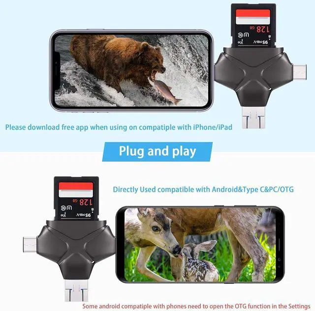 Alt view image 3 of 7 - 4 in 1 Trail Camera Viewer Memory Card Reader Compatible with iPhone/Ipad/Android/Computer/Camera/Type C Hunting Photo & Video Viewer Gift for Scouting Deer Hunting Game