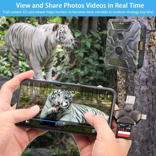 Alt view image 6 of 7 - 4 in 1 Trail Camera Viewer Memory Card Reader Compatible with iPhone/Ipad/Android/Computer/Camera/Type C Hunting Photo & Video Viewer Gift for Scouting Deer Hunting Game