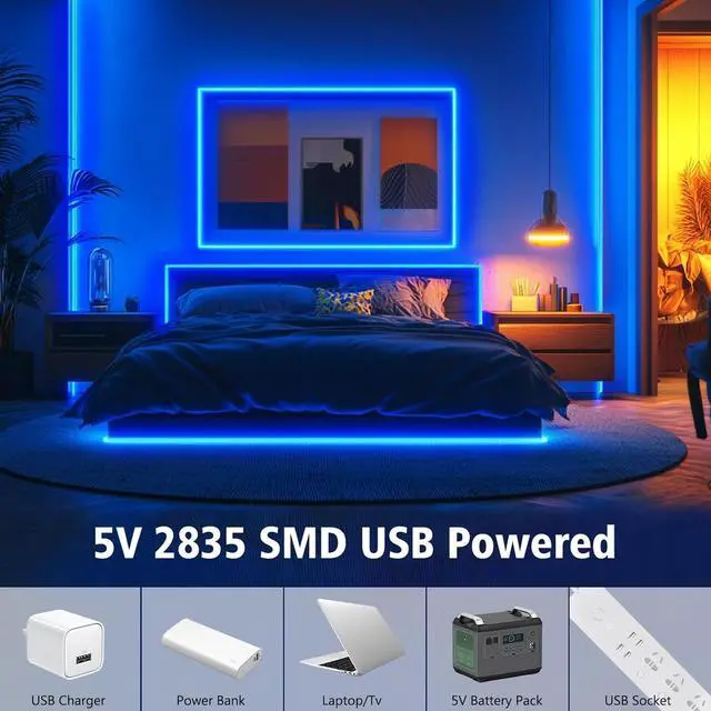 Alt view image 4 of 7 - Strip Lights USB 5V 9.8Ft 180 LED Strip Lights Cuttable 2835 SMD Super Bright with Self-Adhesive DIY for Cabinet Photo Frames Desks Monitor Shelves Decor (Blue)