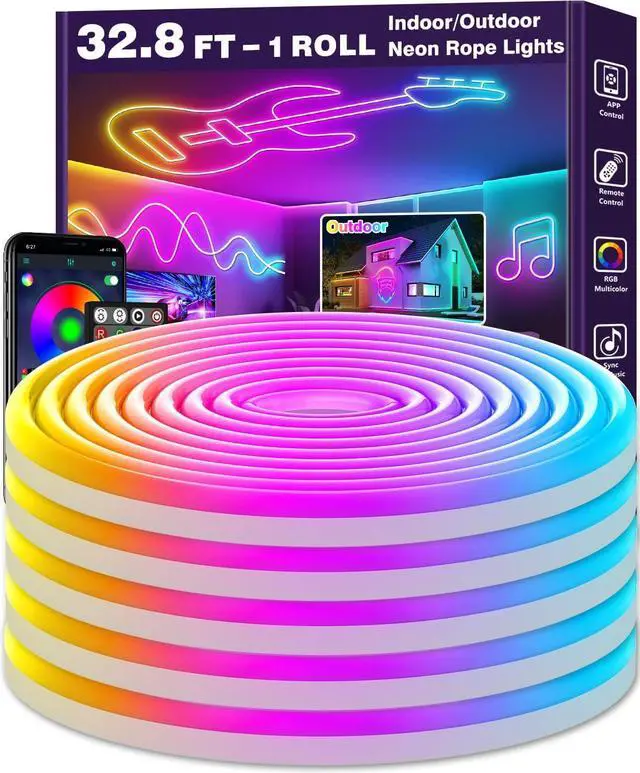 Main image of 32.8Ft Neon Rope Lights Flexible Led Rope Lights Control with App/Remote Multiple Modes Rope Lights IP65 Outdoor RGB Led Neon Lights Waterproof Music Sync Gaming Led Light Strip (32.8FT)