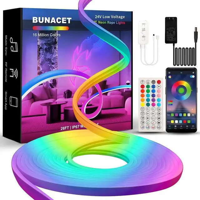 Main image of 26FT LED Neon RGBIC Lights LED Lights with RF Remote & APP Control Flexible IP67 Waterproof Outdoor Music Sync DIY Design 24V LED Strip Lights for Gaming Livingroom Wall Christmas Decor