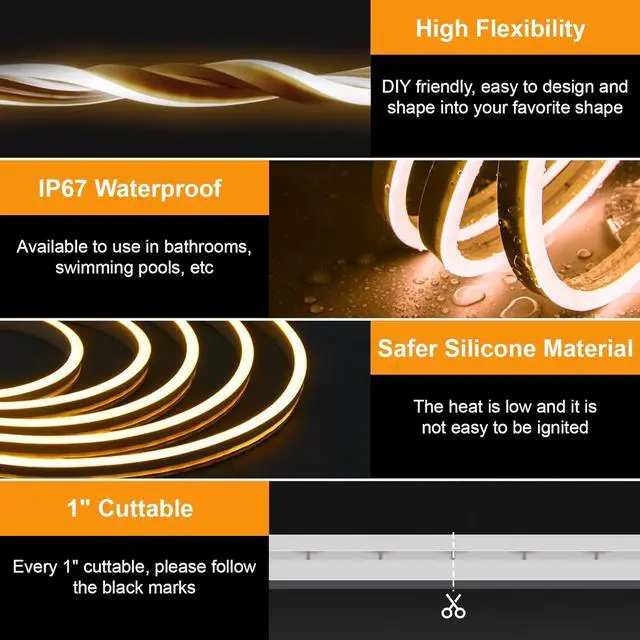 Alt view image 3 of 7 - Neon Rope Lights 32.8ft 3000K Warm White Dimmable LED Strip Lights 24V Flexible Cuttable IP67 Waterproof LED Rope Lights for Bedroom Indoor Outdoor (Power Adapter Included)