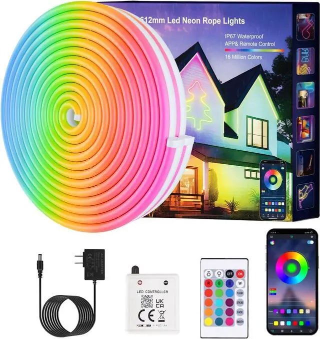 Main image of Neon Rope Lights JIAMEI 20FT RGB LED Strip Lights App Control IR Remote Music Syncing Outdoor IP67 Waterproof Flexible Neon Strip Lights Cuttable for Bedroom Gaming Party Outdoors Decor