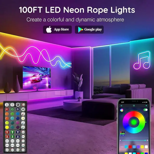 Alt view image 2 of 7 - 100Ft Neon Rope Lights Flexible Led Rope Lights Control with App/Remote Multiple Modes Rope Lights IP65 Outdoor RGB Led Neon Lights Waterproof Music Sync Gaming Led Neon Light Strip for Bedroom Decor