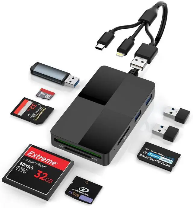 Main image of Memory Stick Pro Duo Adapter 8-in-1 Multi-Card Reader with SD/TF/MS/CF/XD Slots & 3 USB 2.0 Ports Lightning+USB A+USB C Ports Memory Stick Pro Duo Reader for iPhone/iPad/Windows/MAC/Chrome OS