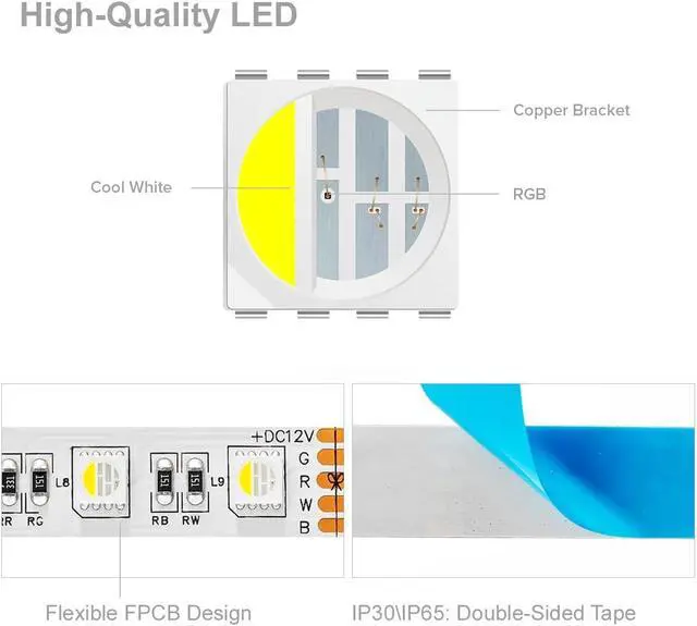 Alt view image 3 of 7 - 5050 RGBW RGB+Cool White(6000K-7000K) 4 Colors in 1 LED Tape Light DC12V 5m 16.4ft 60LED/m Multi-Colored IP30 White 12mm PCB for Bedroom Kitchen Home Decoration(No Adapter or Controller)