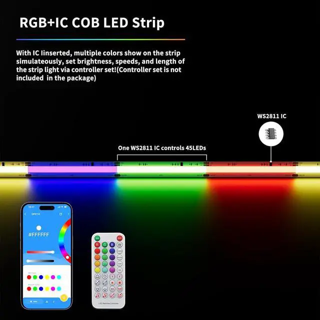 Alt view image 4 of 7 - RGB Smart IC COB LED Strip Light 18ft Addressable Chasing Color 12V LED Light Strip Multicolored Flexible RGB Lights for Party Decoration Home DIY Lighting Projects(NO Adapter or Controller)