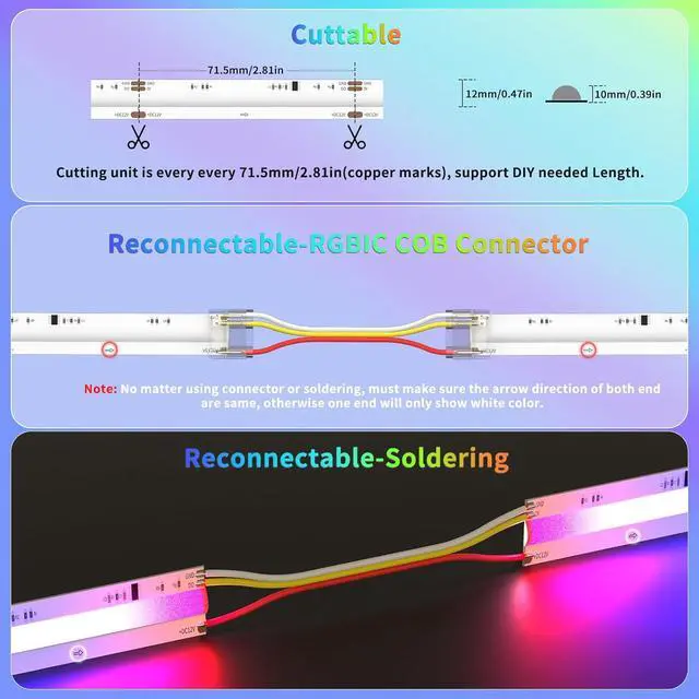 Alt view image 5 of 7 - RGB Smart IC COB LED Strip Light 18ft Addressable Chasing Color 12V LED Light Strip Multicolored Flexible RGB Lights for Party Decoration Home DIY Lighting Projects(NO Adapter or Controller)