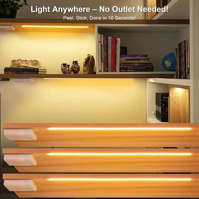 Alt view image 2 of 7 - 3 Pack Battery Powered COB LED Strip Lights - 15 Inch Cordless Under Cabinet Lighting Warm White 3000K Peel & Stick Lights for Shelves Closet Pantry RV