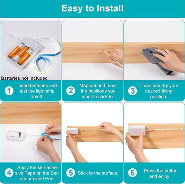 Alt view image 5 of 7 - 3 Pack Battery Powered COB LED Strip Lights - 15 Inch Cordless Under Cabinet Lighting Warm White 3000K Peel & Stick Lights for Shelves Closet Pantry RV