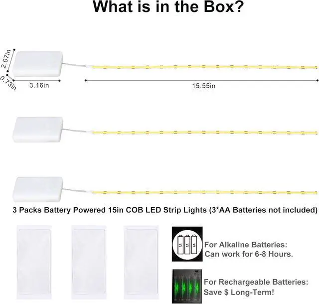 Alt view image 6 of 7 - 3 Pack Battery Powered COB LED Strip Lights - 15 Inch Cordless Under Cabinet Lighting Warm White 3000K Peel & Stick Lights for Shelves Closet Pantry RV