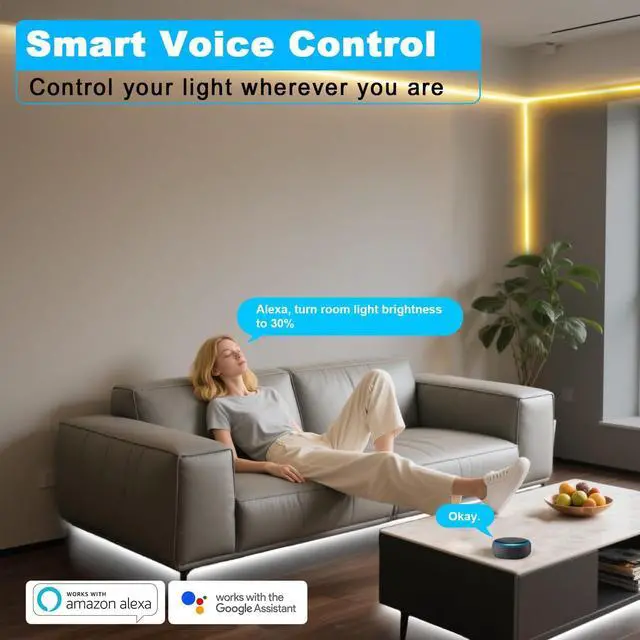 Alt view image 2 of 7 - White LED Strip Lights 3000K-6500K 66ft Dimmable Smart Strip Light Alexa Compatible 24V WiFi Flexible Tape LED with APP & RF Remote Cabinet Lighting Self-Adhesive for Room Kitchen