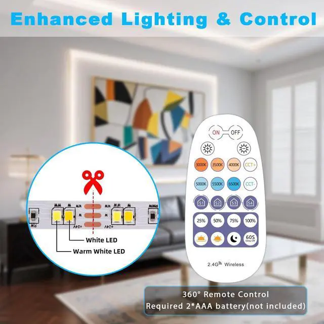 Alt view image 6 of 7 - White LED Strip Lights 3000K-6500K 66ft Dimmable Smart Strip Light Alexa Compatible 24V WiFi Flexible Tape LED with APP & RF Remote Cabinet Lighting Self-Adhesive for Room Kitchen