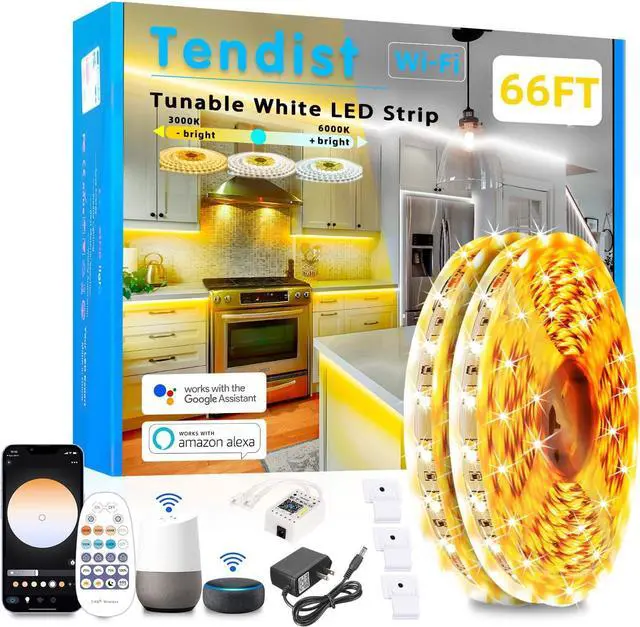 Main image of White LED Strip Lights 3000K-6500K 66ft Dimmable Smart Strip Light Alexa Compatible 24V WiFi Flexible Tape LED with APP & RF Remote Cabinet Lighting Self-Adhesive for Room Kitchen
