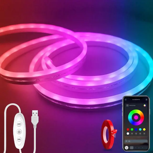Main image of LED Neon Lights6.6ft USB Powered LED Strip Lights5V Music Sync Color Changing Rope Light with APP ControlIP65 Waterproof RGB Rope Lights for BedroomCabinet Kitchen DIY Lighting
