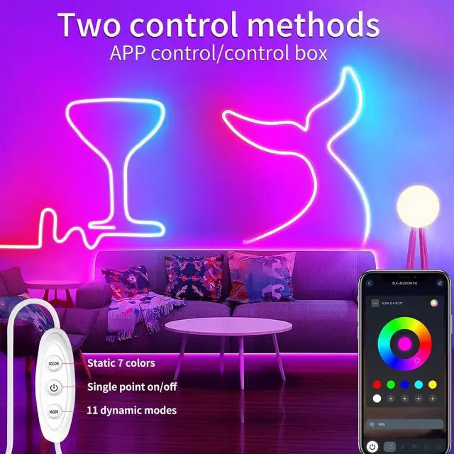 Alt view image 2 of 7 - LED Neon Lights6.6ft USB Powered LED Strip Lights5V Music Sync Color Changing Rope Light with APP ControlIP65 Waterproof RGB Rope Lights for BedroomCabinet Kitchen DIY Lighting