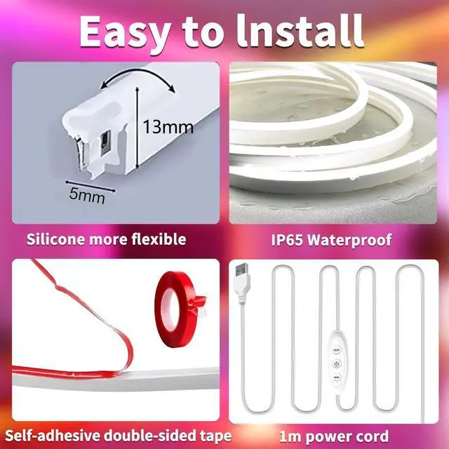Alt view image 7 of 7 - LED Neon Lights6.6ft USB Powered LED Strip Lights5V Music Sync Color Changing Rope Light with APP ControlIP65 Waterproof RGB Rope Lights for BedroomCabinet Kitchen DIY Lighting