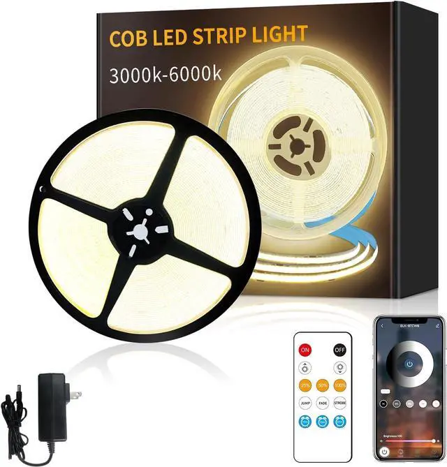 Main image of COB LED Strip Lights 50ft 3000K DC 24V Dimmable Warm White Flexible LED Rope Lights for Bedroom with Remote and app Control LED Lights Strip for Living Room Shelf Cabinet