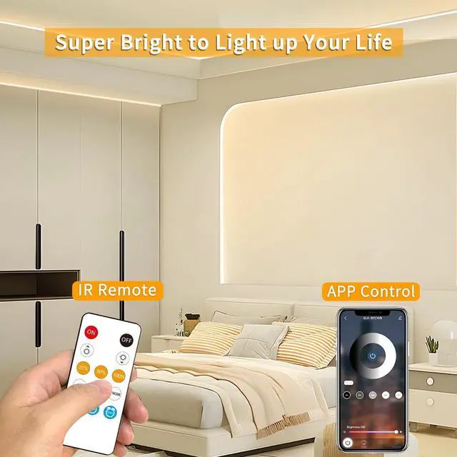Alt view image 4 of 7 - COB LED Strip Lights 50ft 3000K DC 24V Dimmable Warm White Flexible LED Rope Lights for Bedroom with Remote and app Control LED Lights Strip for Living Room Shelf Cabinet